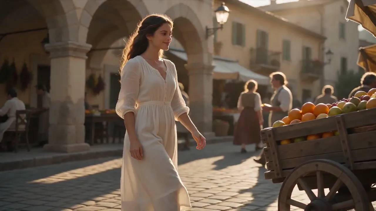 Seedance 2.0 Mini market scene — golden hour tracking shot showing accurate lighting, natural skin tones, and coherent background crowd at 720p