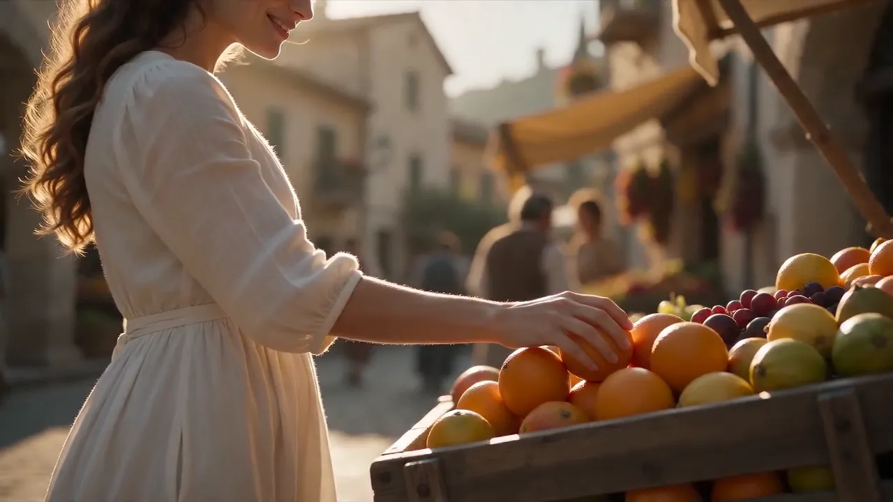 Seedance 2.0 Mini close-up — hand interaction with fruit, fabric texture, and shallow depth of field preserved at 720p
