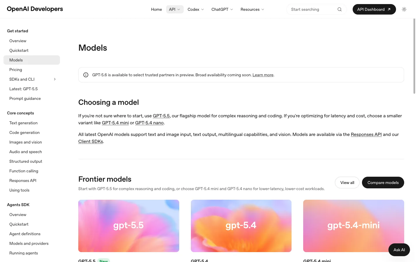 The preview notice on OpenAI's developer Models page: "GPT-5.6 is available to select trusted partners in preview. Broad availability coming soon.