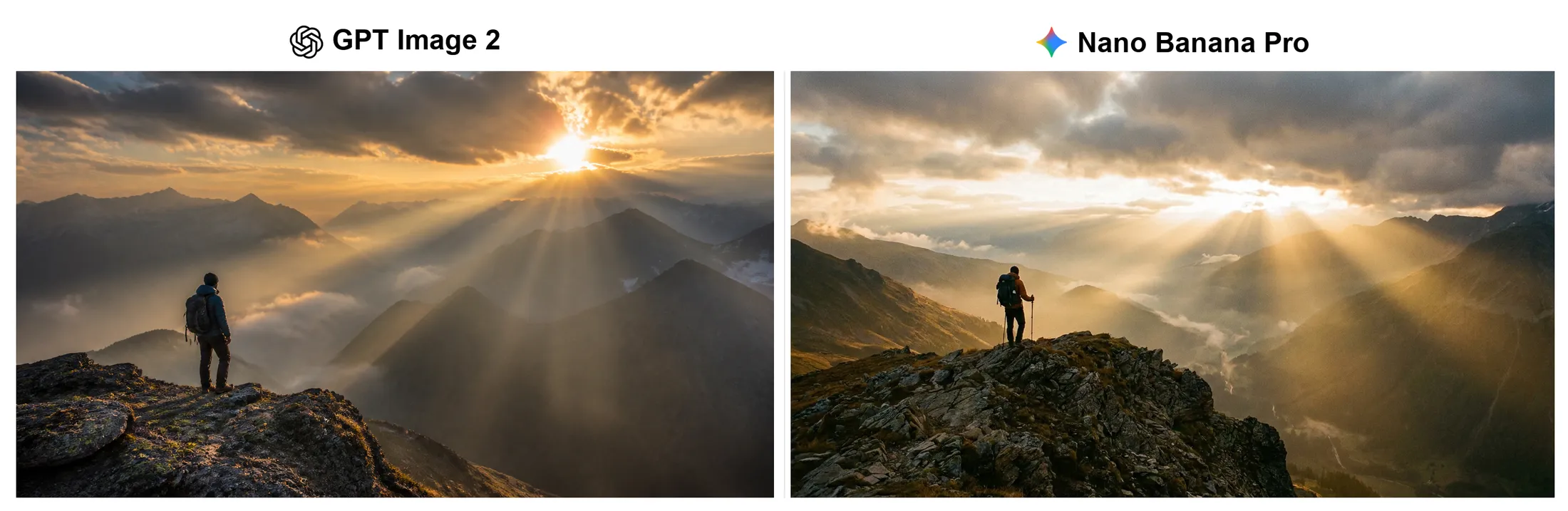 Sunrise mountain scene, same prompt: GPT Image 2 versus Nano Banana Pro