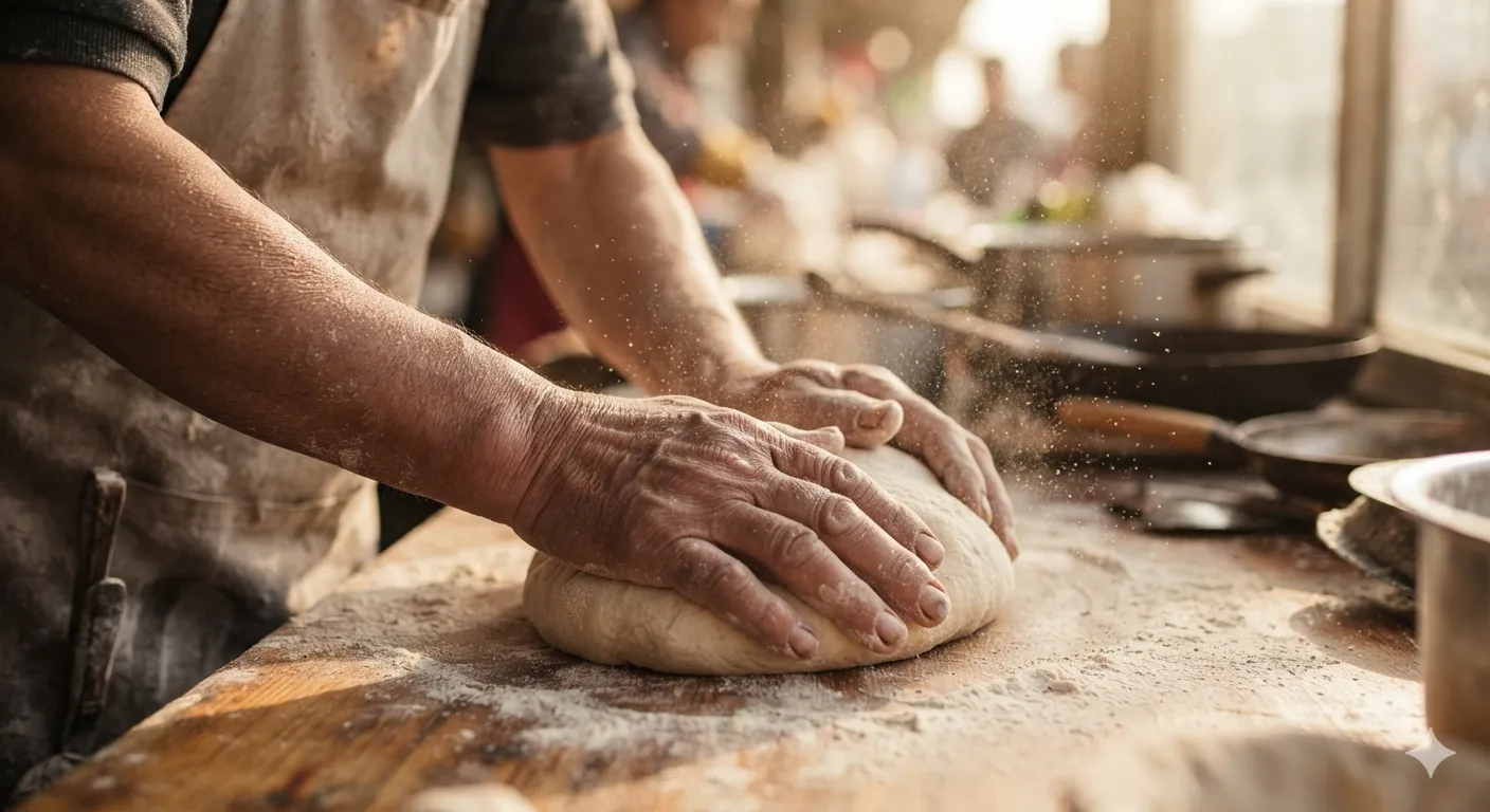 Nano Banana 2 Lite close-up of hands kneading dough with visible skin texture and flour dust Nano Banana 2 Lite
