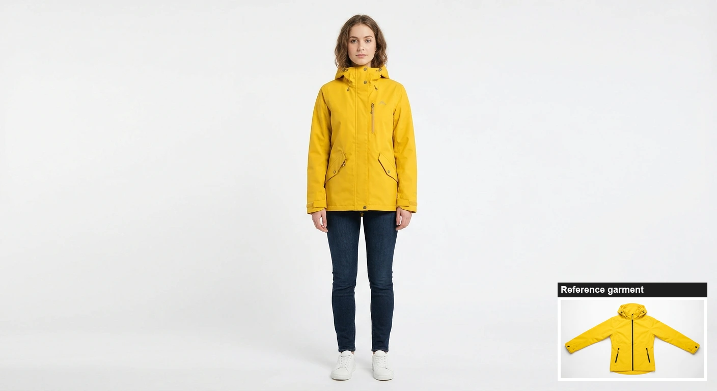 Nano Banana 2 virtual try-on result wearing the reference yellow rain jacket, with the reference photo inset Nano Banana 2, reference garment inset bottom-right