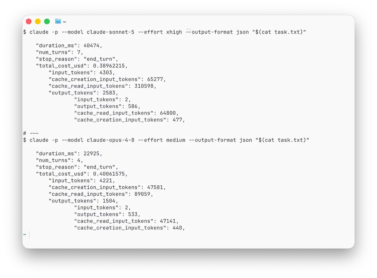 Terminal output showing the actual `claude -p` calls for the Sonnet 5 xhigh vs Opus 4.8 medium test, with the real duration_ms, num_turns, and total_cost_usd fields from each API response
