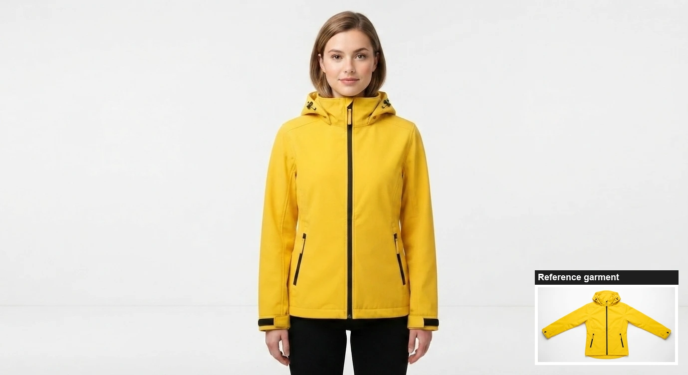 Nano Banana 2 Lite virtual try-on result wearing the reference yellow rain jacket, with the reference photo inset Nano Banana 2 Lite, reference garment inset bottom-right