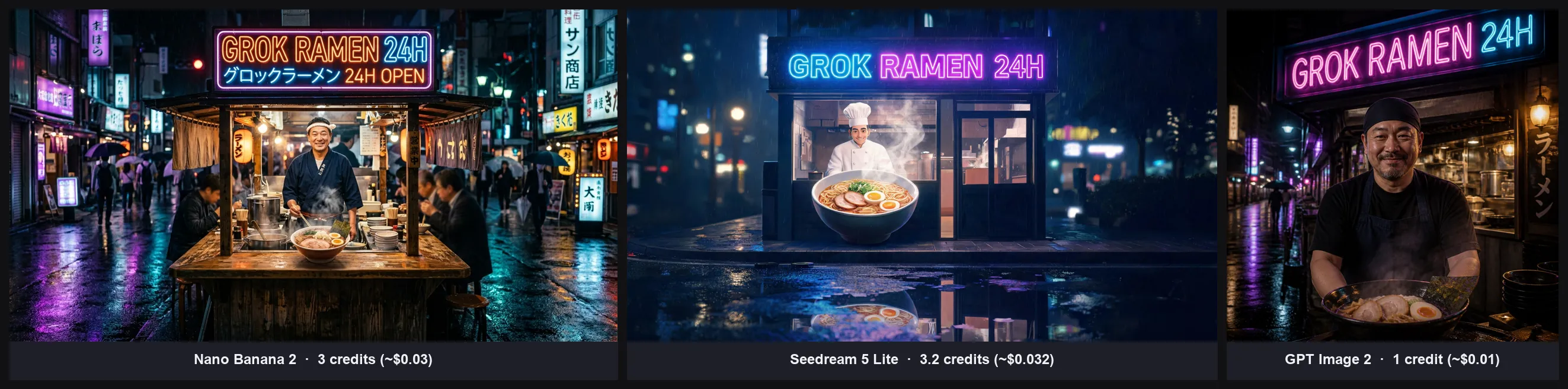 Same prompt rendered by Nano Banana 2, Seedream 5 Lite and GPT Image 2, with real per-image costs
