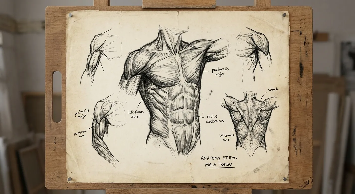 Academic male-torso anatomy study, generated cleanly as an art reference sheet