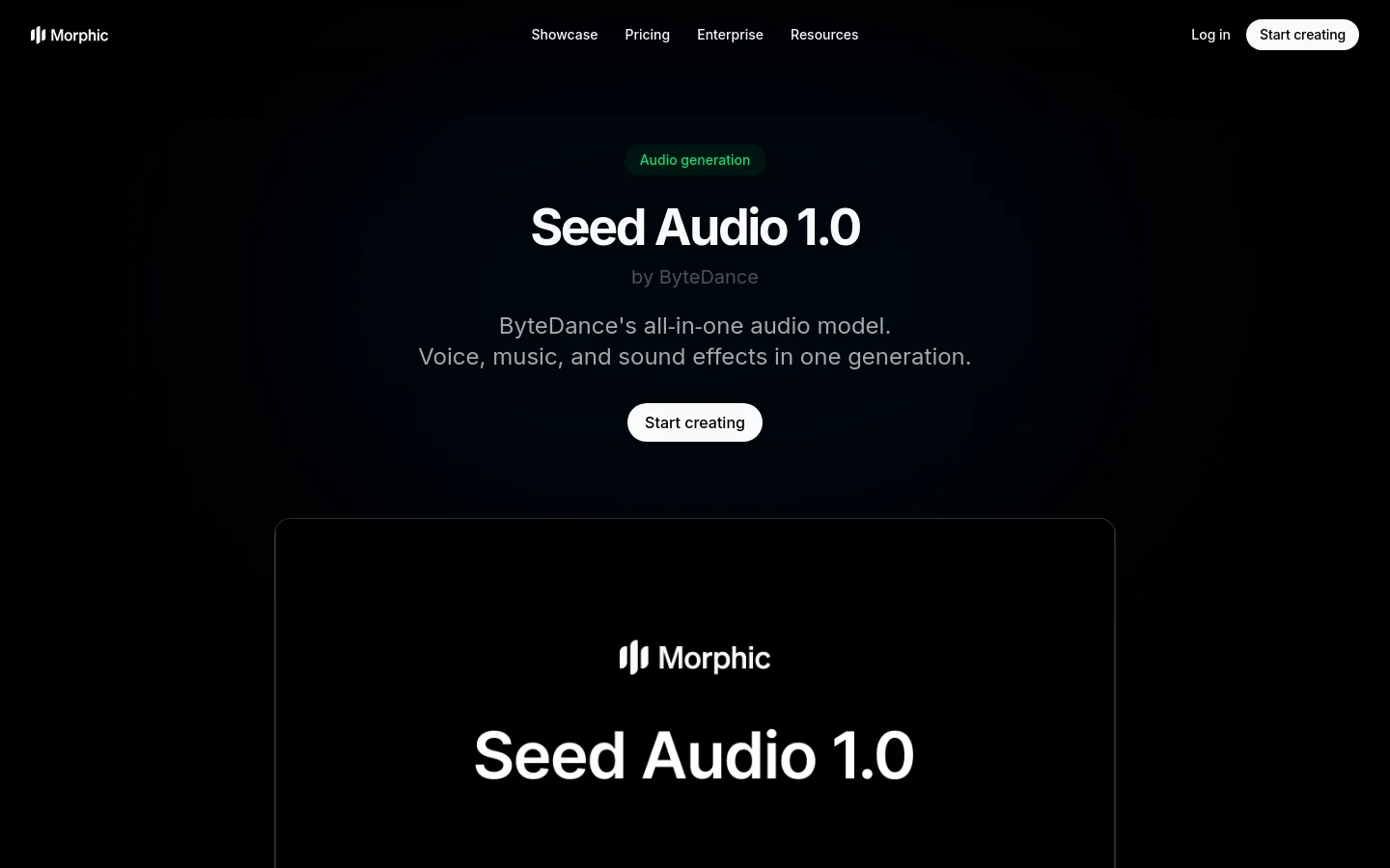 Morphic resource page detailing Seed Audio 1 model specifications and features