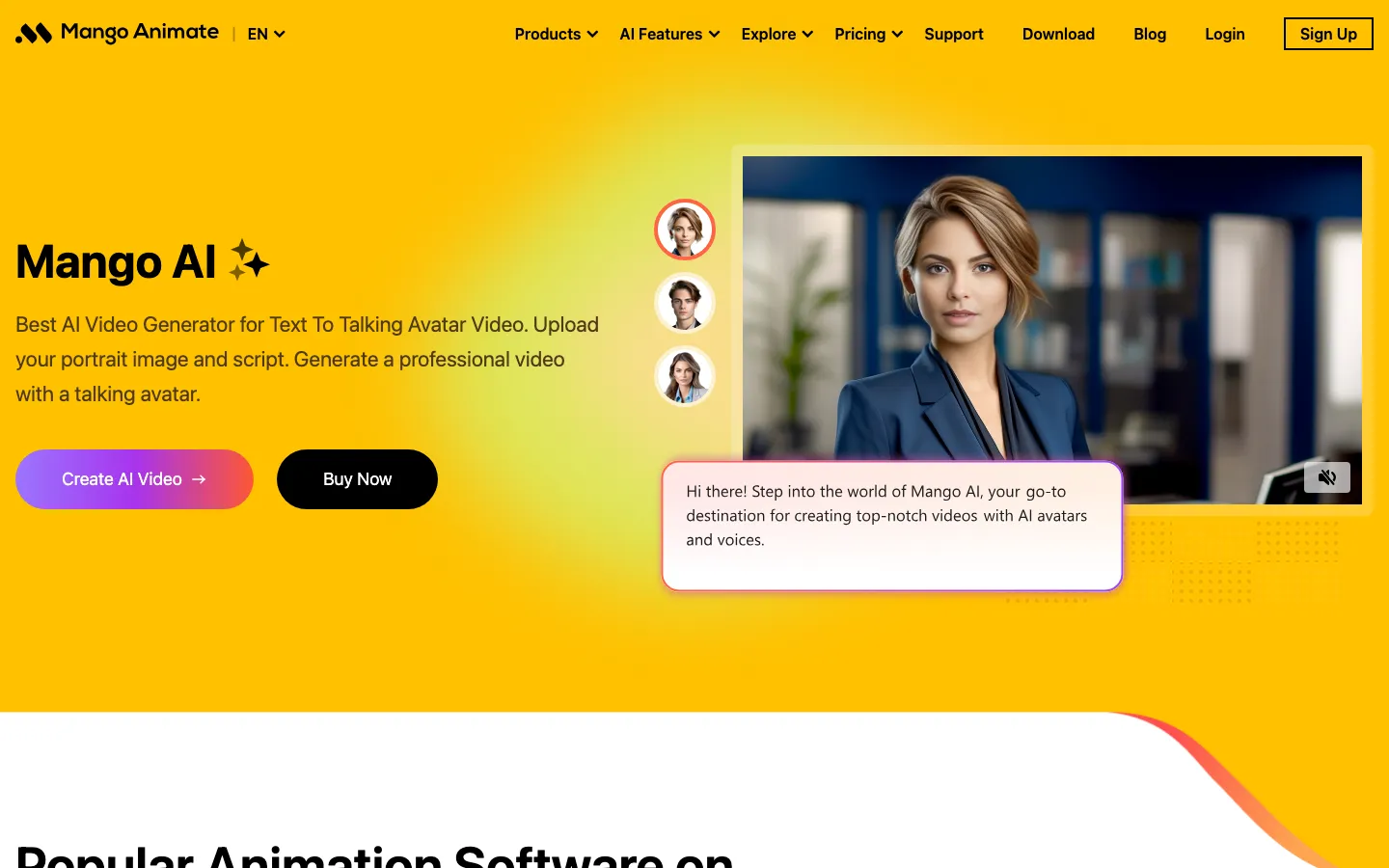 Mango AI homepage showing AI video generation capabilities