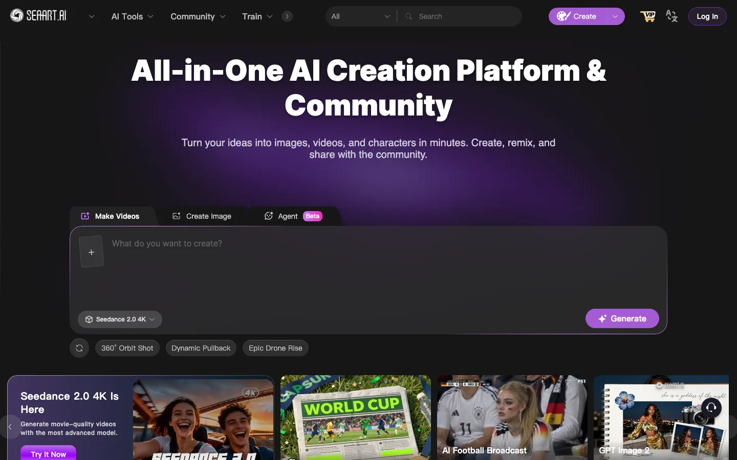 SeaArt AI creation platform with prompt input, model selection, and community gallery