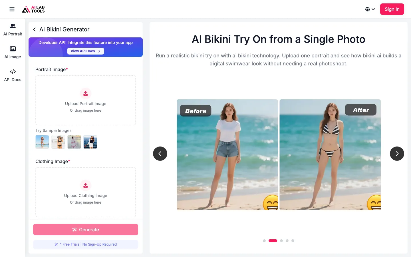 AILabTools AI Bikini Generator interface showing upload area and before/after preview