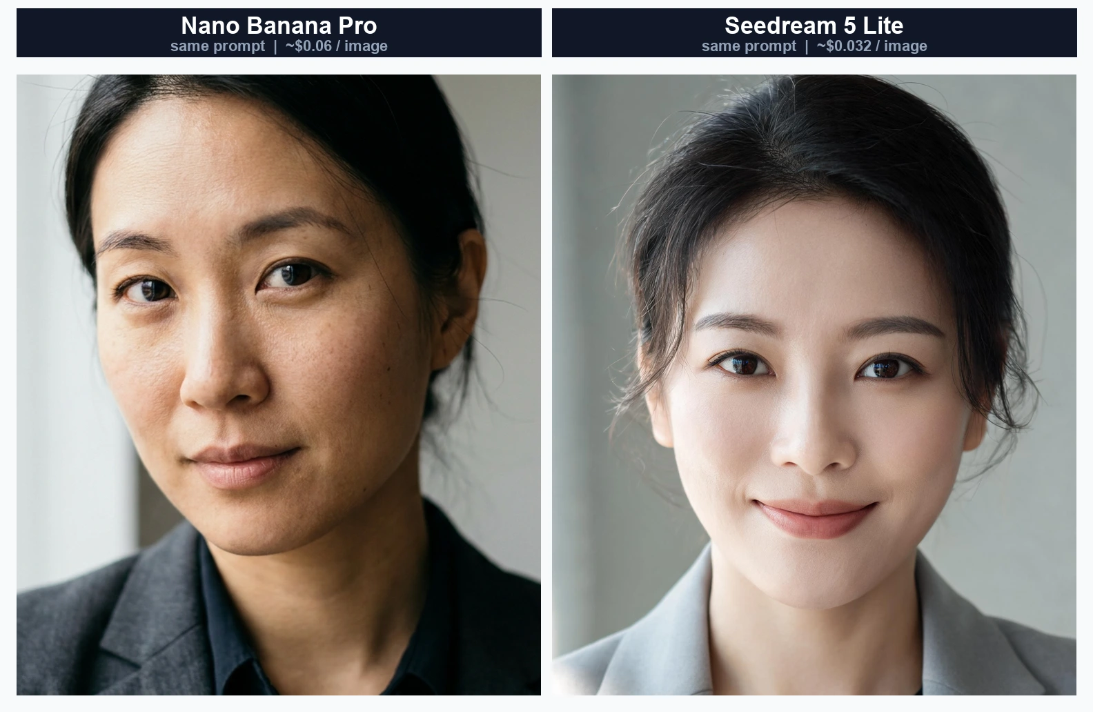 Nano Banana Pro vs Seedream 5 Lite portrait comparison, same prompt