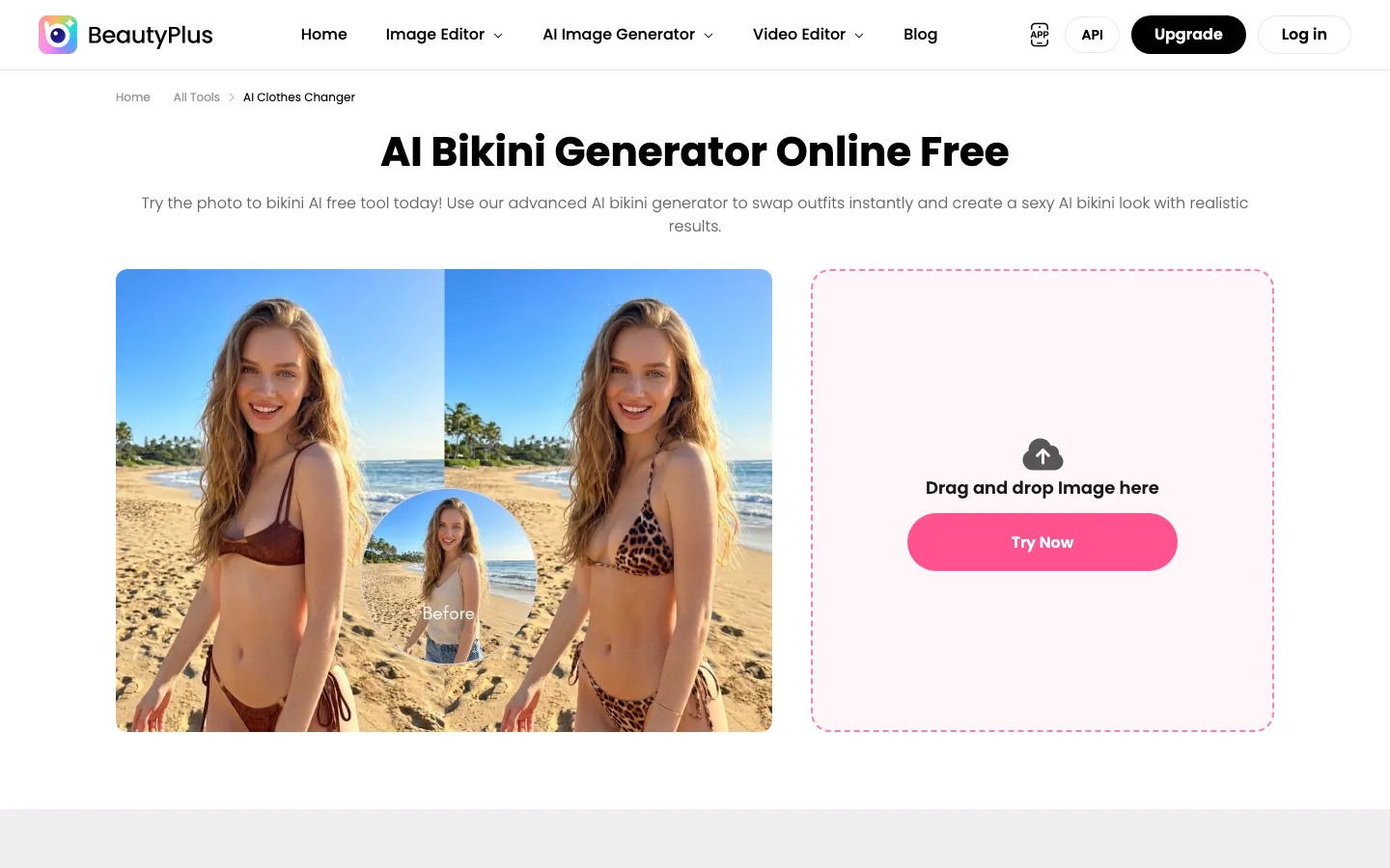 BeautyPlus AI bikini generator with drag-and-drop upload and before/after comparison