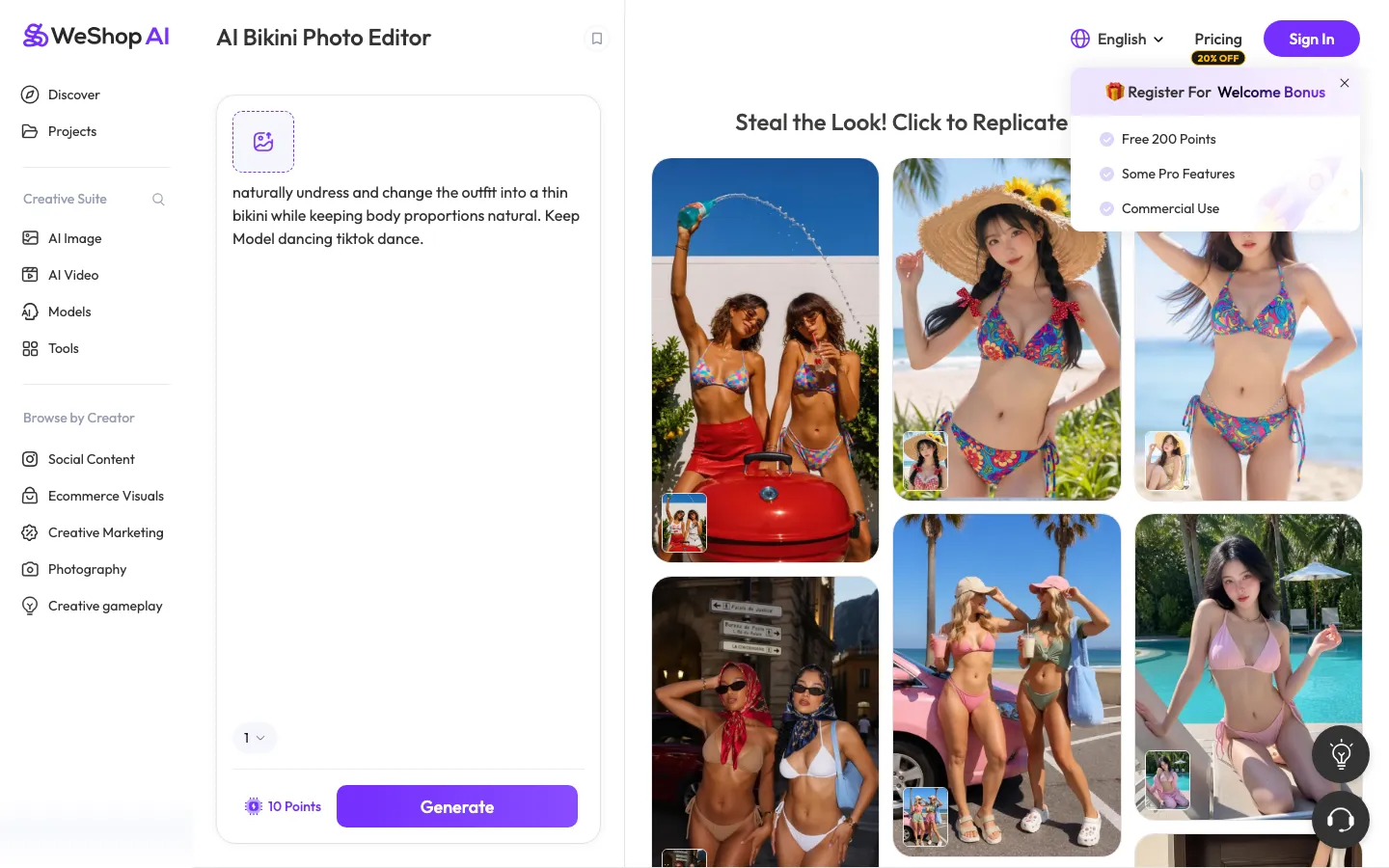 WeShop AI bikini photo editor with prompt input, gallery examples, and 200-point welcome bonus