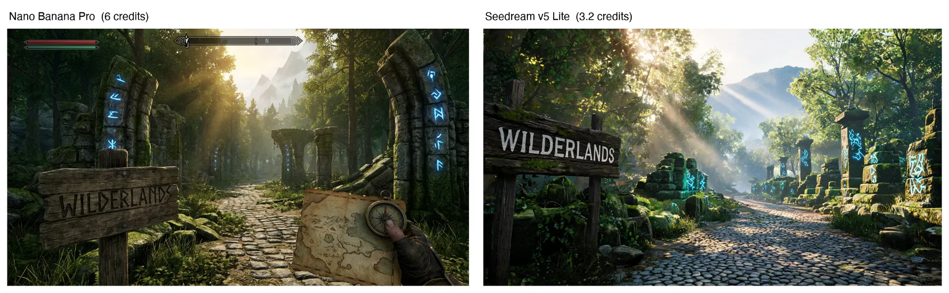 Head-to-head: the same explorable-world prompt rendered by Nano Banana Pro (6 credits, 1376x768) and Seedream v5 Lite (3.2 credits, 2848x1600) via the AIReiter API