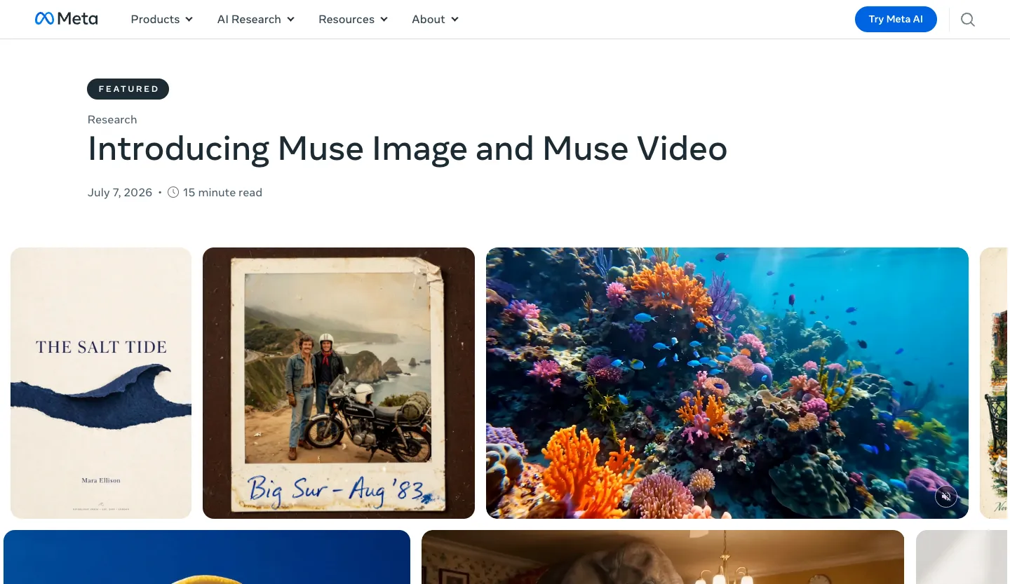Screenshot of Meta's official announcement blog for Muse Image, dated July 7, 2026, describing it as the first image generation model from Meta Superintelligence Labs.