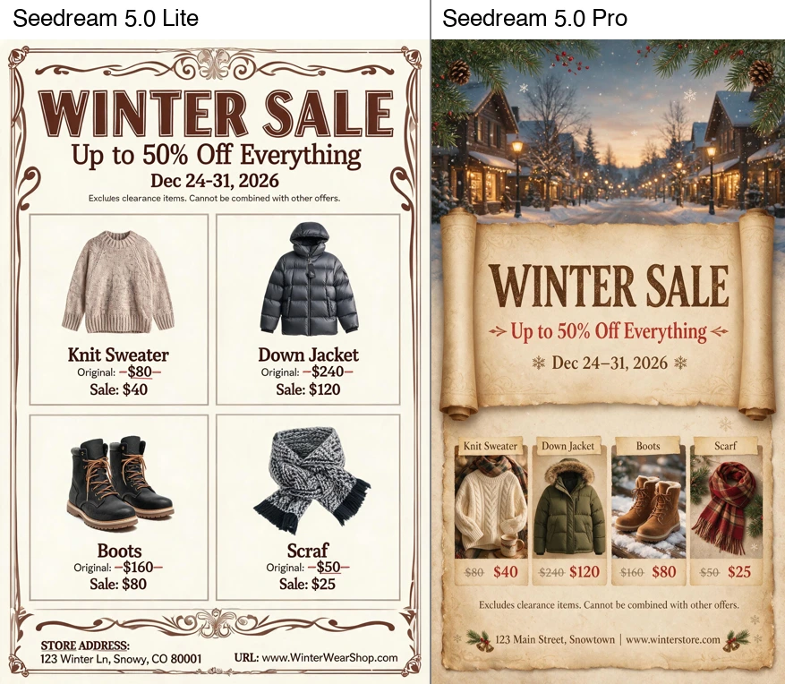 Actual output from our July 9 tests. Same Winter Sale prompt: Seedream 5.0 Lite (left) vs Pro (right). Note the small-text clarity gap.
