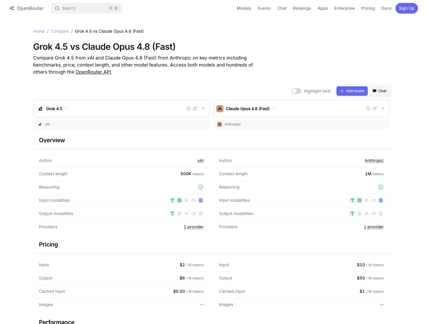 Live side-by-side comparison of Grok 4.5 and Claude Opus 4.8 on OpenRouter, showing pricing, context length and speed