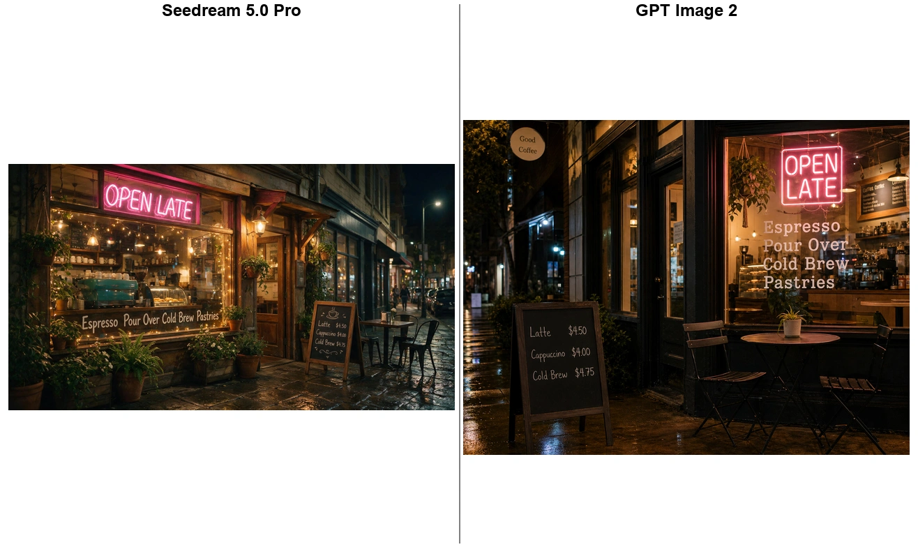 Same night-coffee-shop prompt, first generation: Seedream 5.0 Pro (left, ultrawide aspect) vs GPT Image 2 (right).