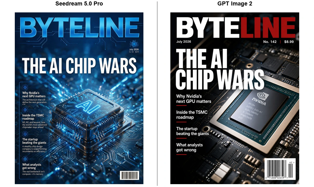 Same magazine-cover prompt, first generation: Seedream 5.0 Pro (left) vs GPT Image 2 (right).