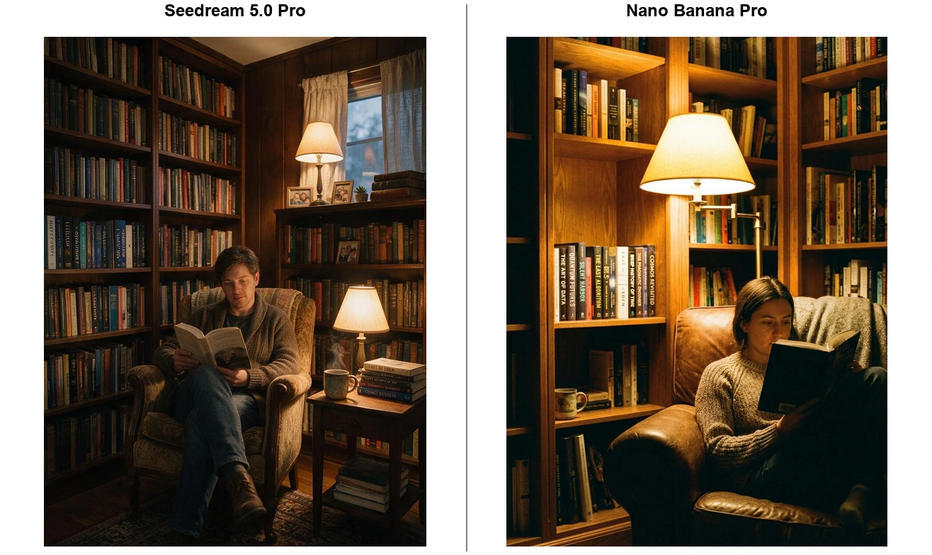 Same library prompt, first generation: Seedream 5.0 Pro (left) vs Nano Banana Pro (right).