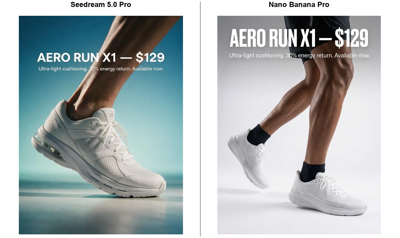 Same sneaker-ad prompt, first generation: Seedream 5.0 Pro (left) vs Nano Banana Pro (right).