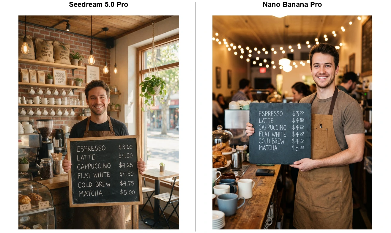 Same barista prompt, first generation: Seedream 5.0 Pro (left) vs Nano Banana Pro (right).
