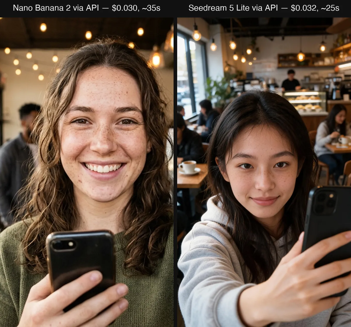 Side-by-side AI selfie comparison generated from the same prompt by Nano Banana 2 and Seedream 5 Lite via API, with per-image cost labels