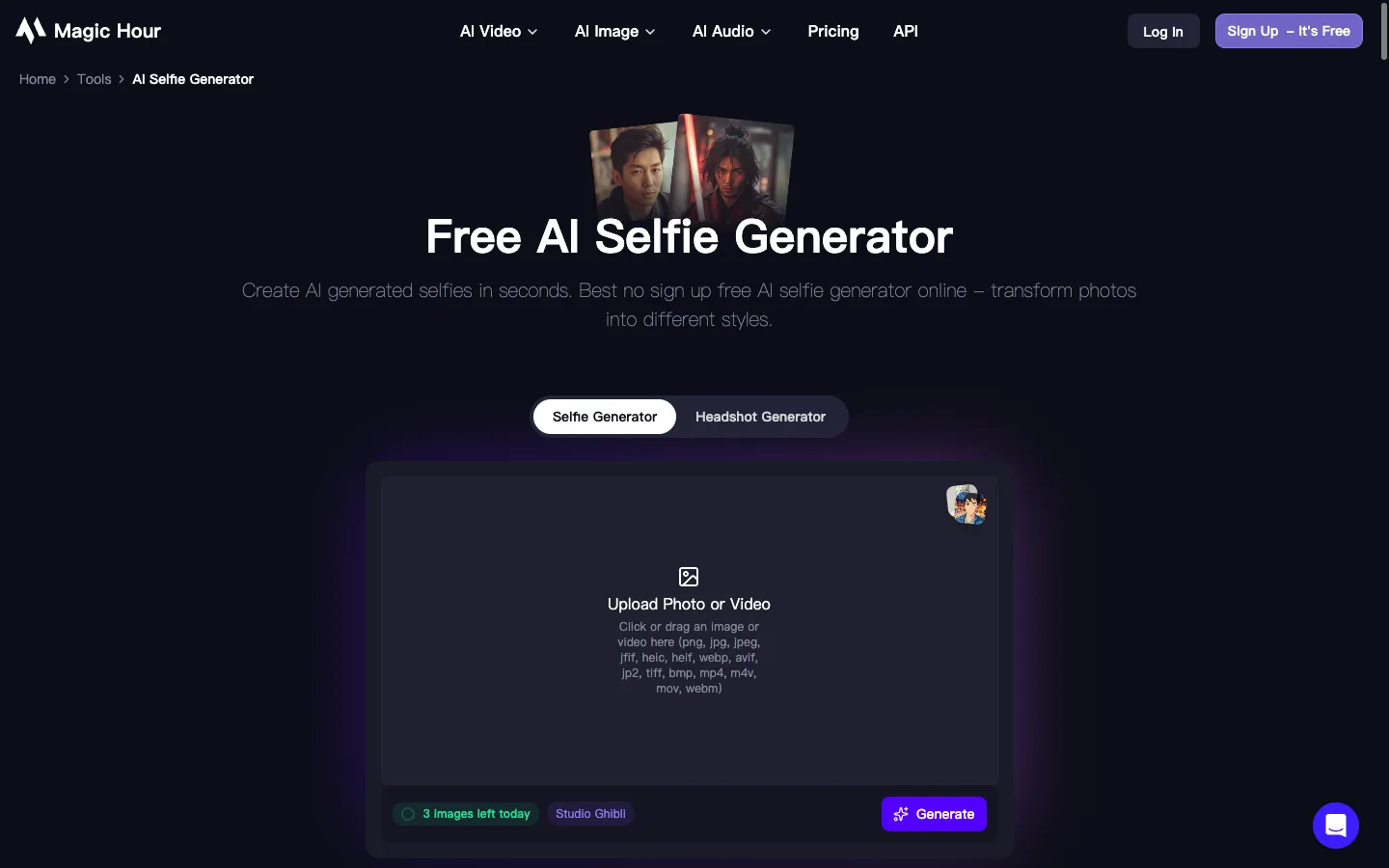Magic Hour AI selfie generator interface showing the 3 images left today counter and no-signup upload box