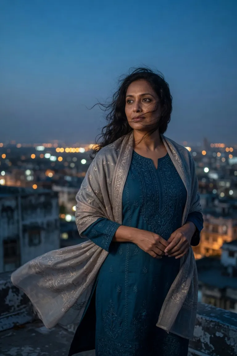 Grok Imagine city rooftop portrait in a teal kurta