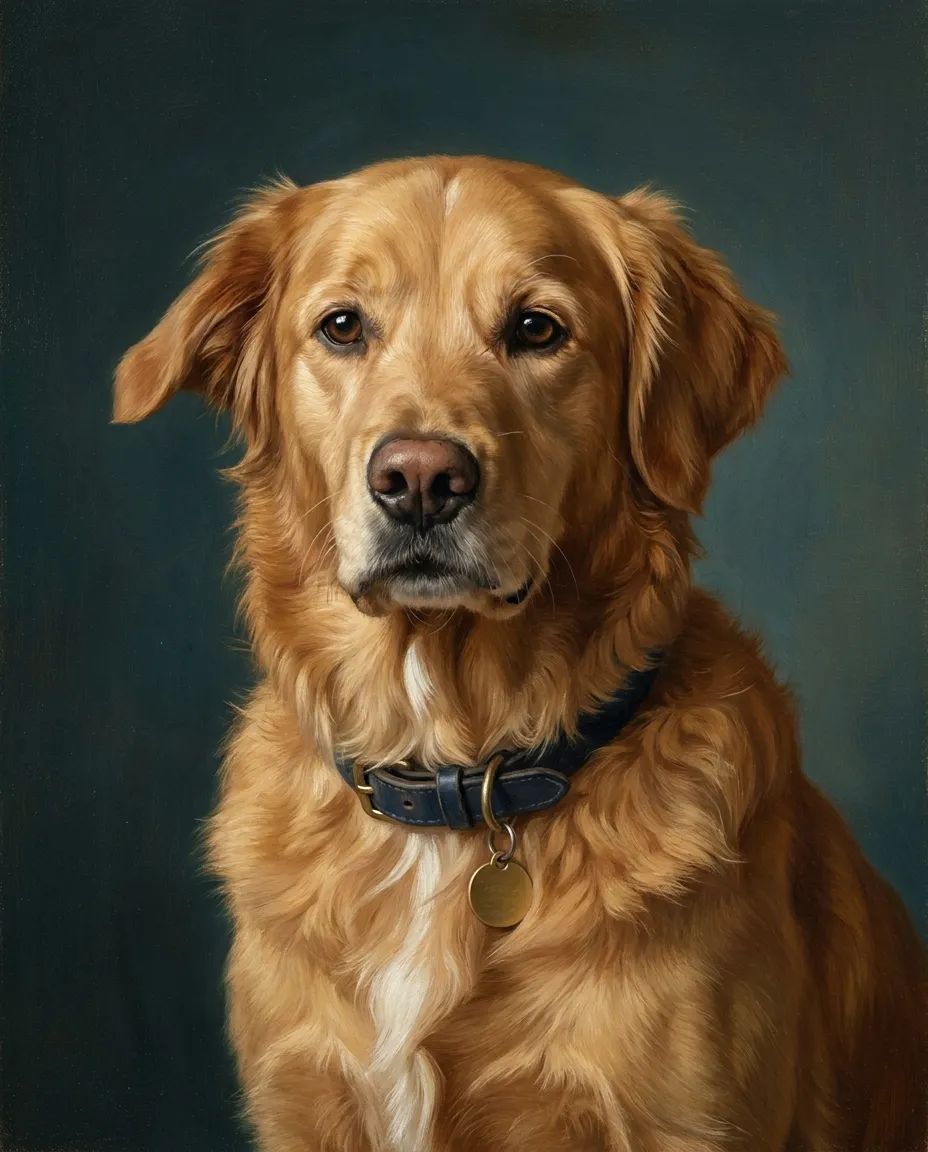 Oil painting prompt example of a golden retriever with a navy collar