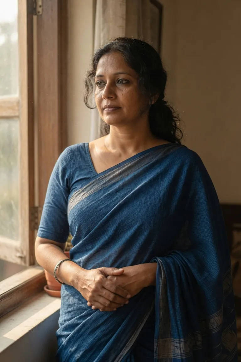 Grok Imagine saree portrait with natural window light