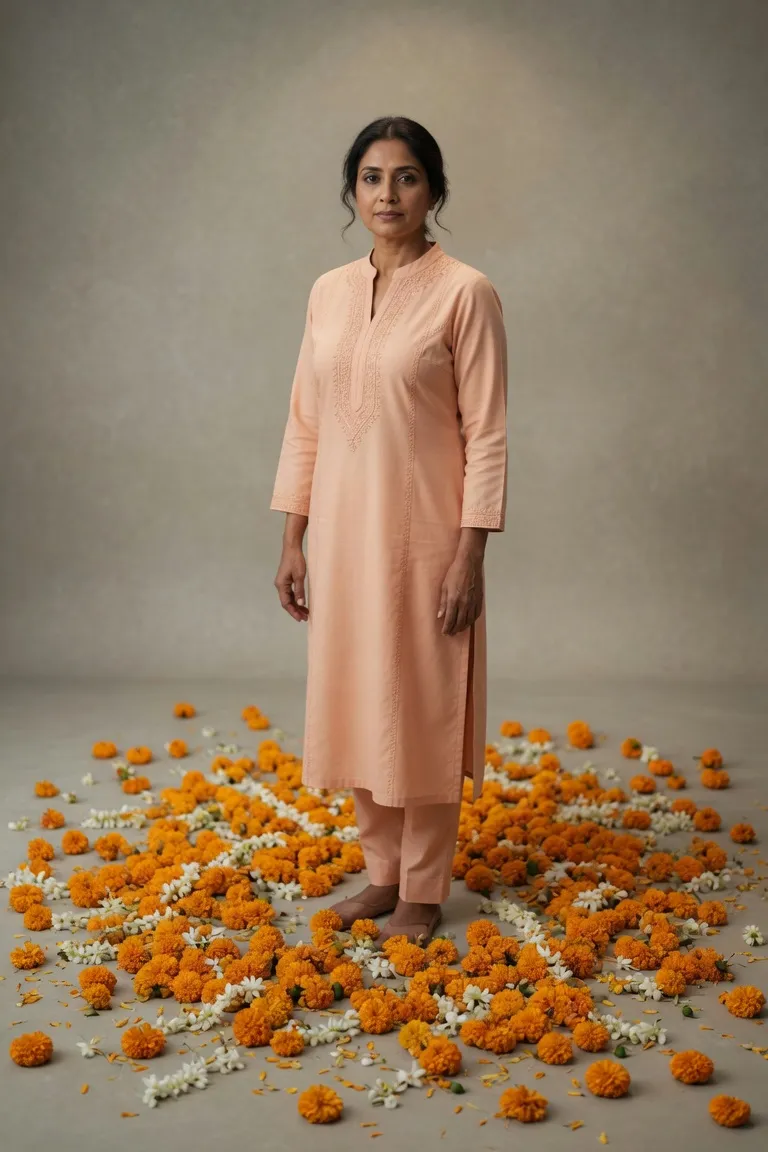 Grok Imagine floral studio portrait in a pastel peach kurta