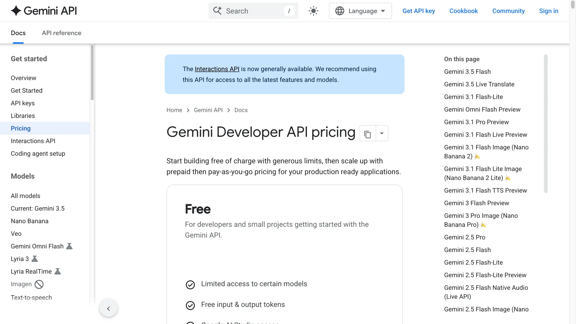 Google Gemini API pricing page showing the Free tier with free input and output tokens and Google AI Studio access