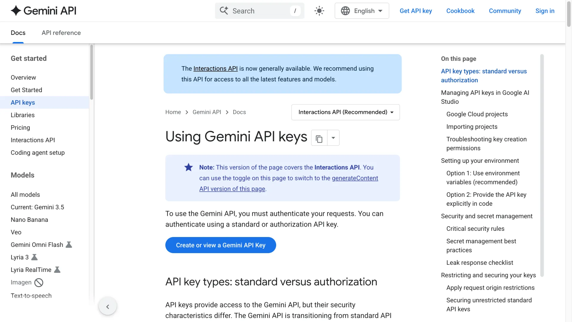 Gemini API docs page for creating and using a Gemini API key