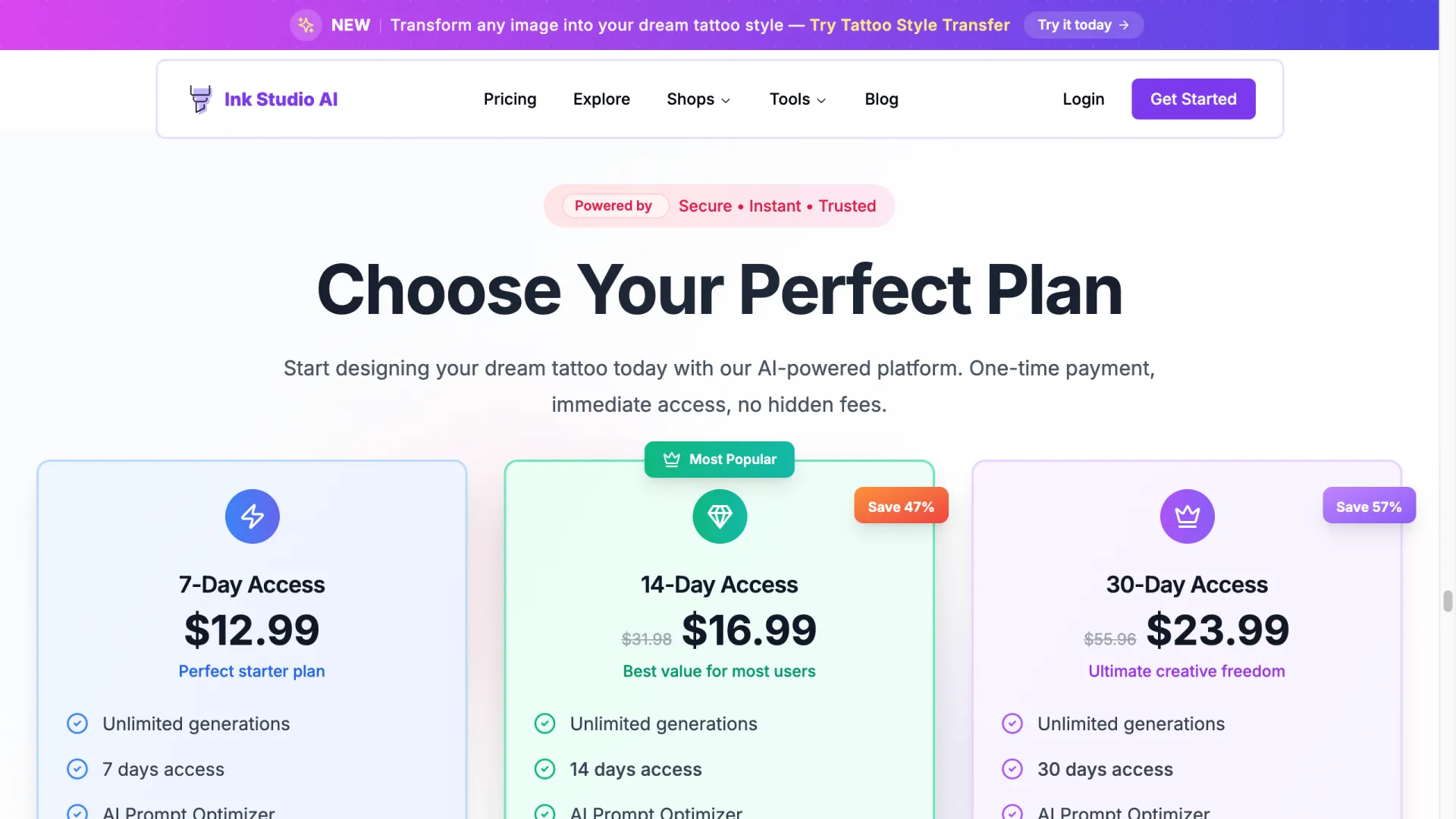 Ink Studio AI pricing plans: 7-day $12.99, 14-day $16.99, 30-day $23.99