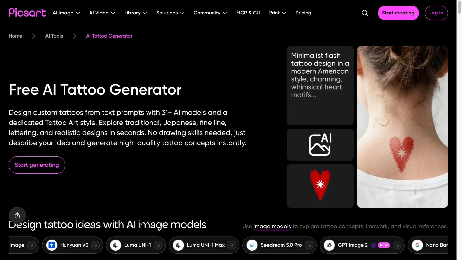 Picsart free AI tattoo generator with model options including Seedream and Nano Banana