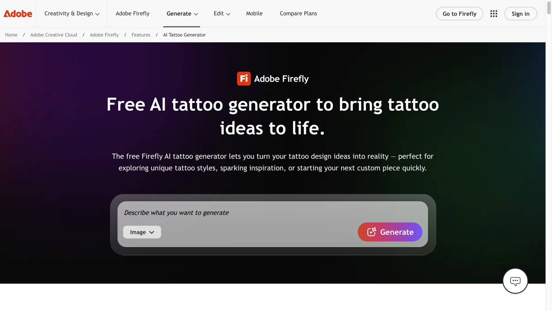 Adobe Firefly free AI tattoo generator interface with a text prompt box