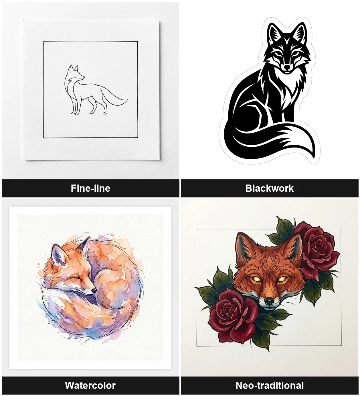 AI tattoo design samples in fine-line, blackwork, watercolor, and neo-traditional styles