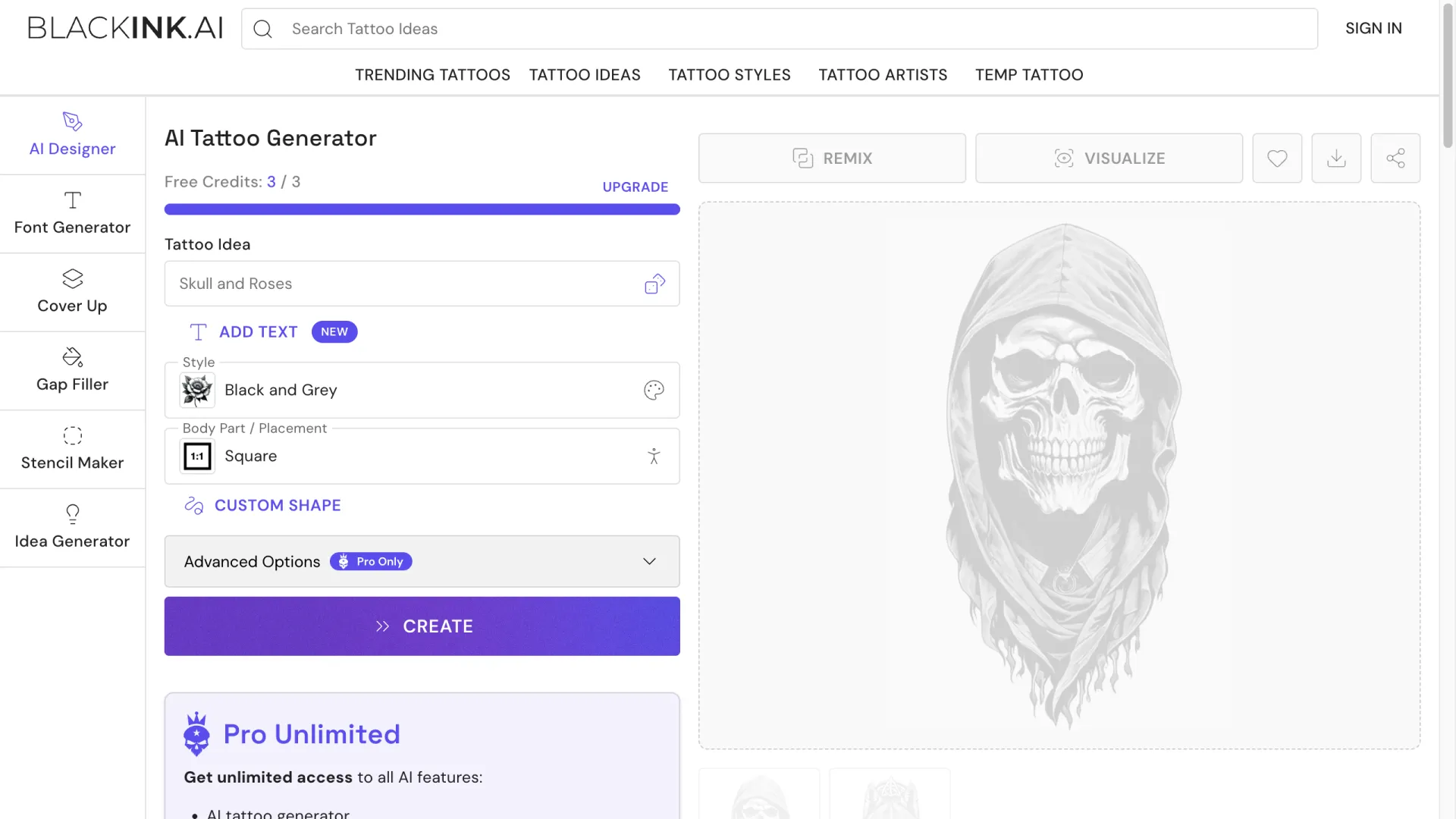 BlackInk AI tattoo generator showing 3 free credits and a skull design