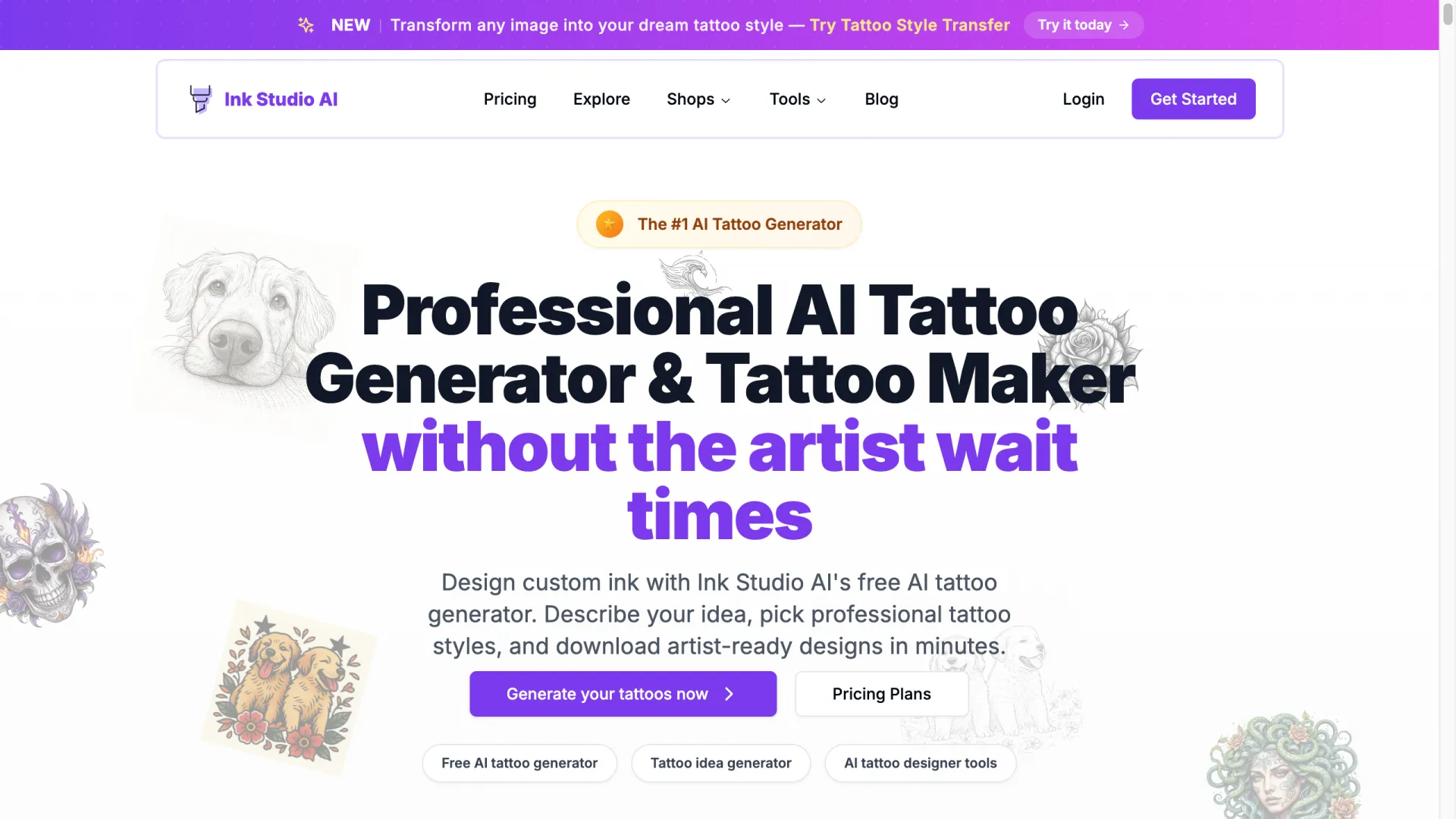 Ink Studio AI homepage calling itself a professional AI tattoo generator