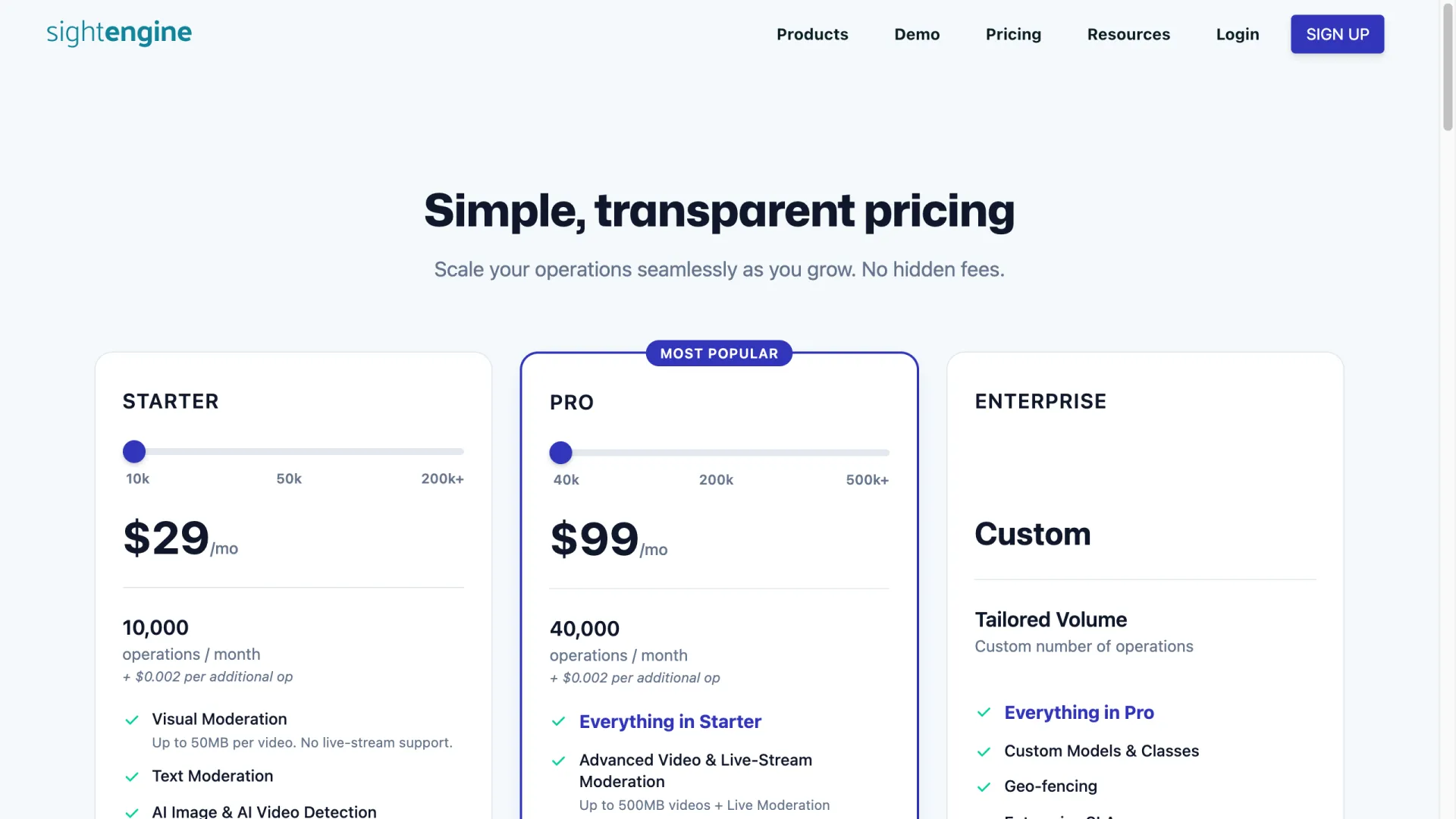 Sightengine pricing page showing Starter and Pro content-moderation plans