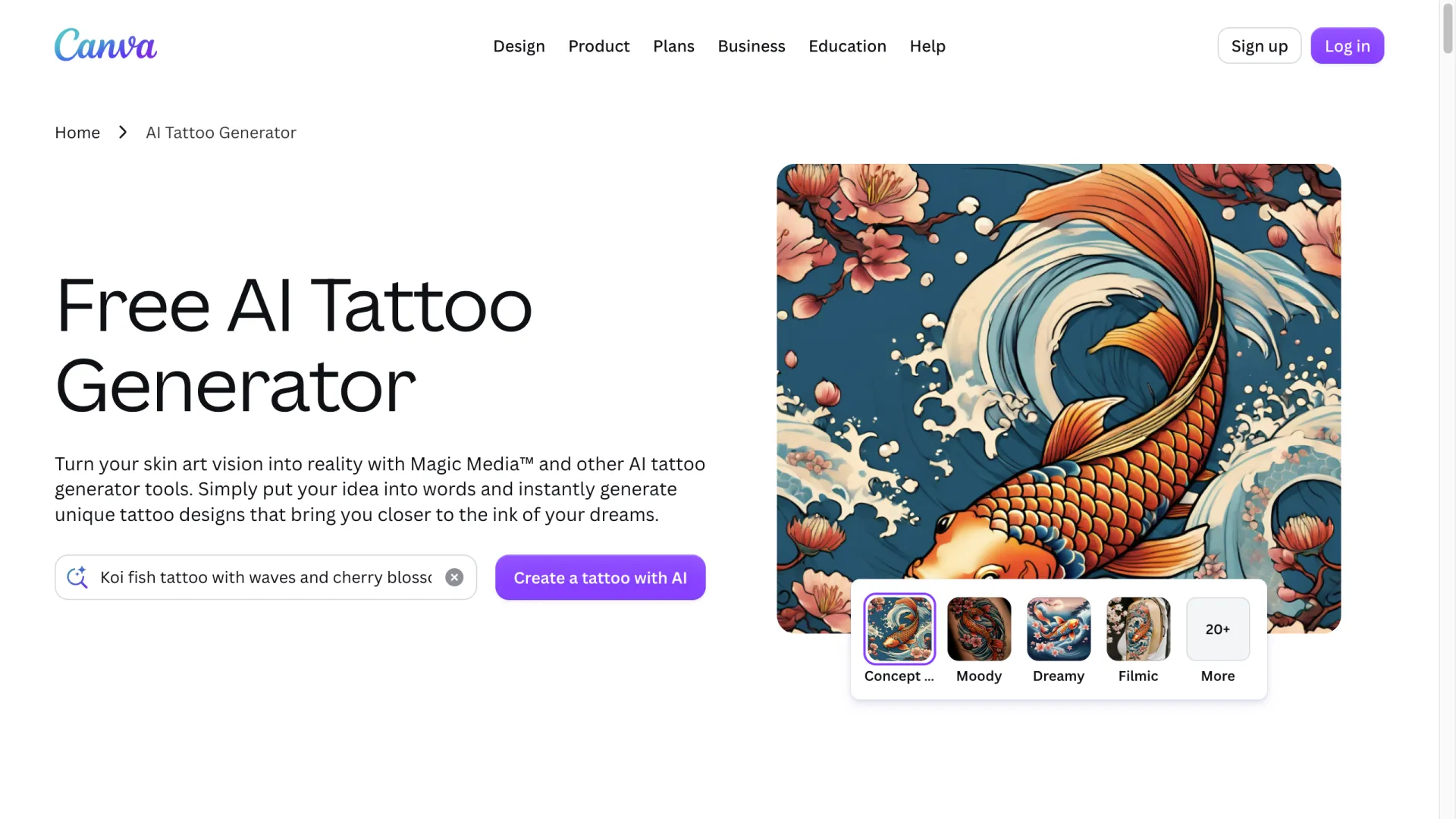 Canva free AI tattoo generator showing a koi fish design and style options