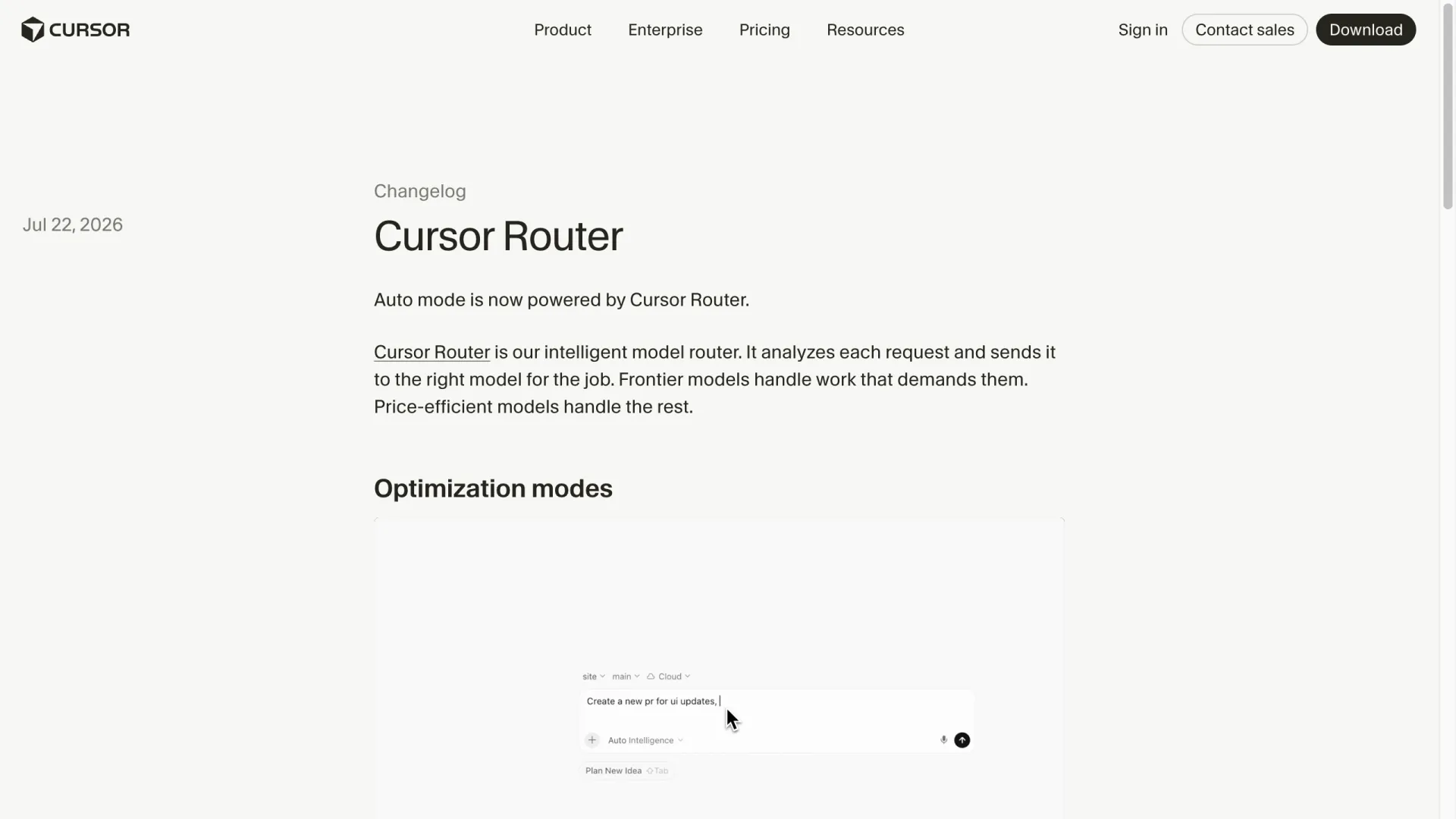 Cursor Router announcement in the official changelog, July 22, 2026