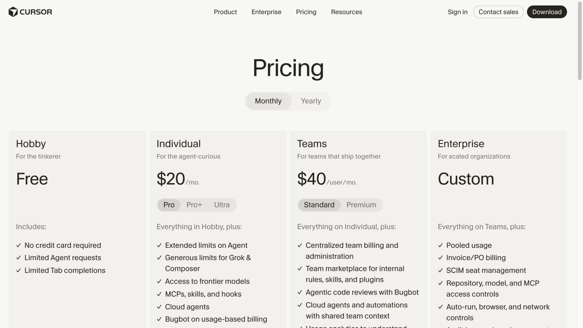 Cursor pricing page on July 23, 2026, showing Individual at $20 per month and Teams at $40 per user per month