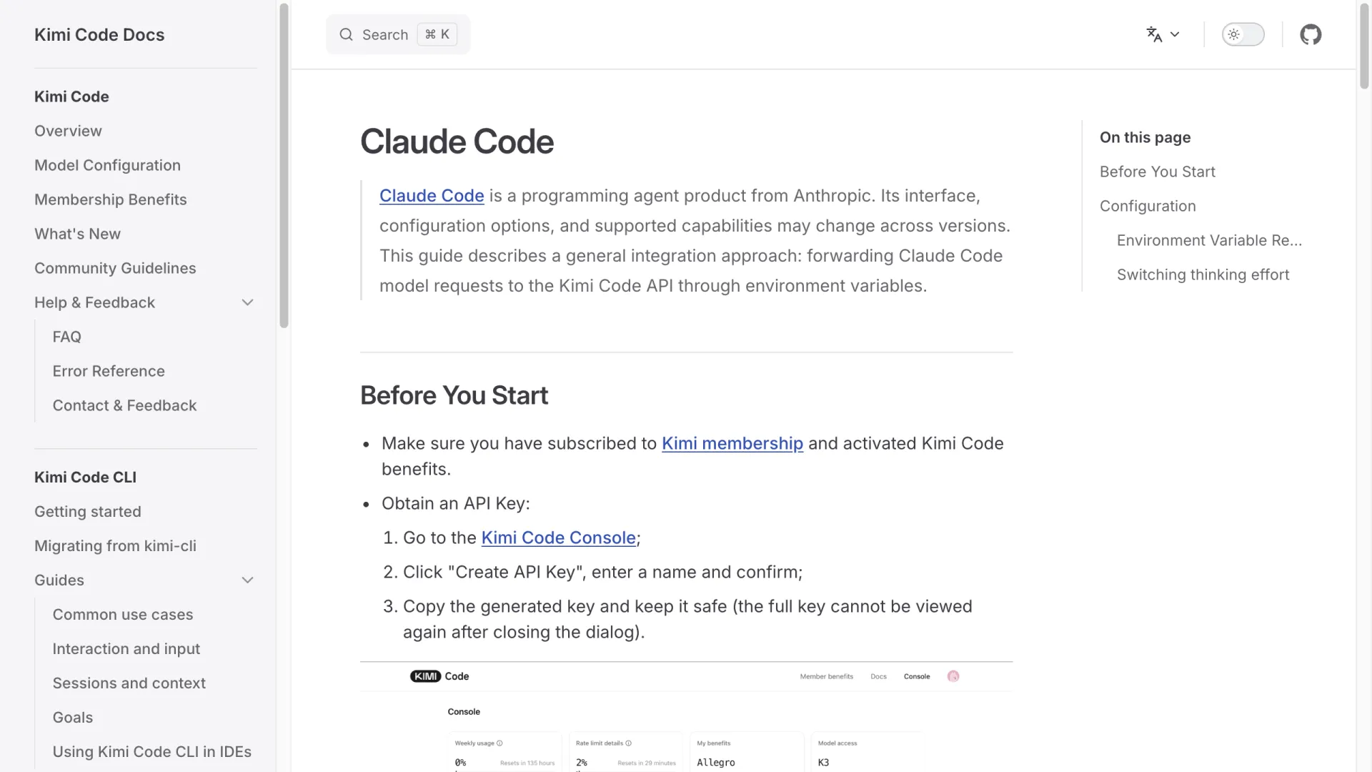 Documentation officielle de Kimi montrant comment exécuter les modèles Kimi dans Claude Code via des variables d’environnement