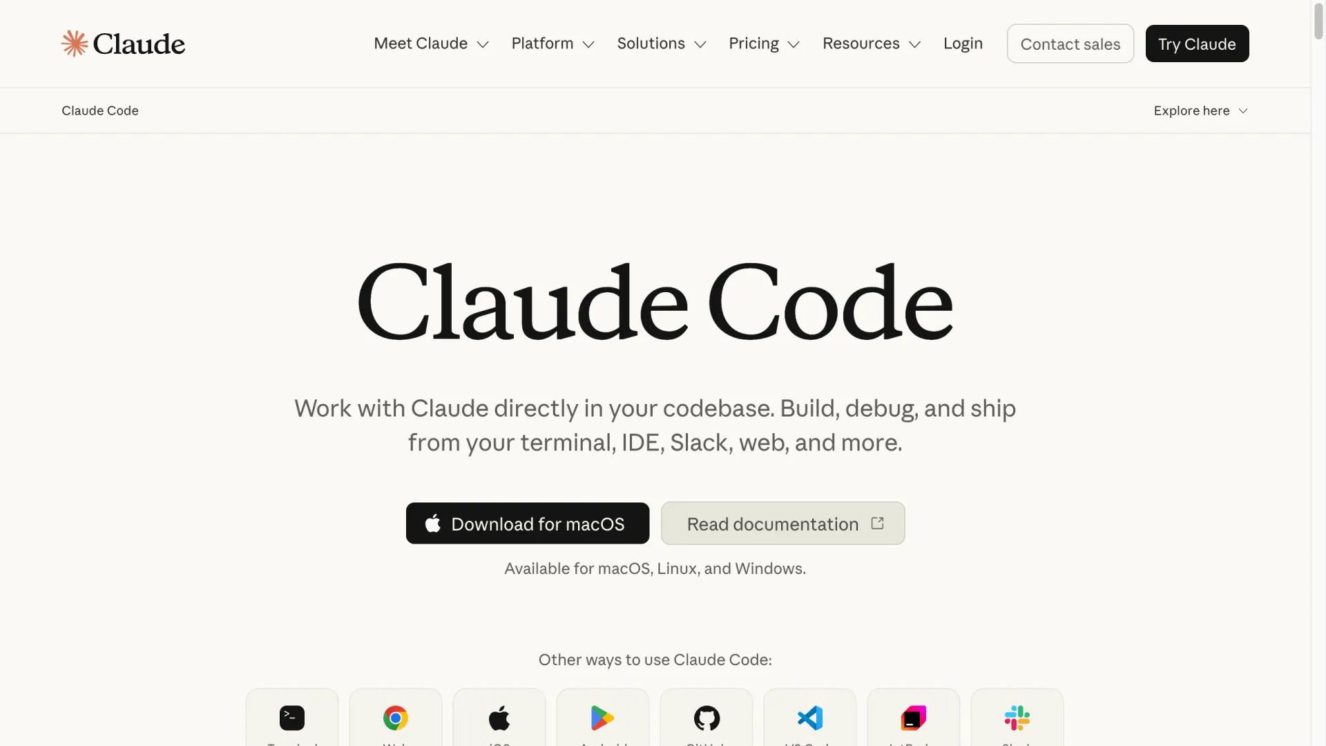 Page Claude Code : travailler avec Claude depuis le terminal, l’IDE et le web