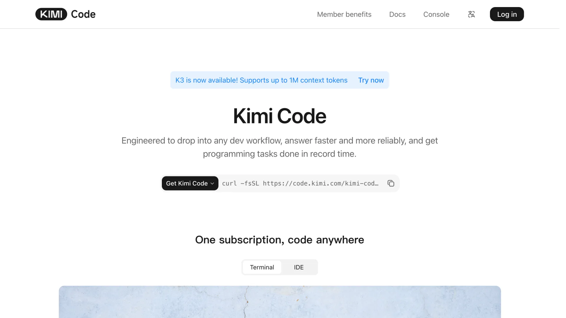 Page d’accueil de Kimi Code annonçant le modèle de code K3