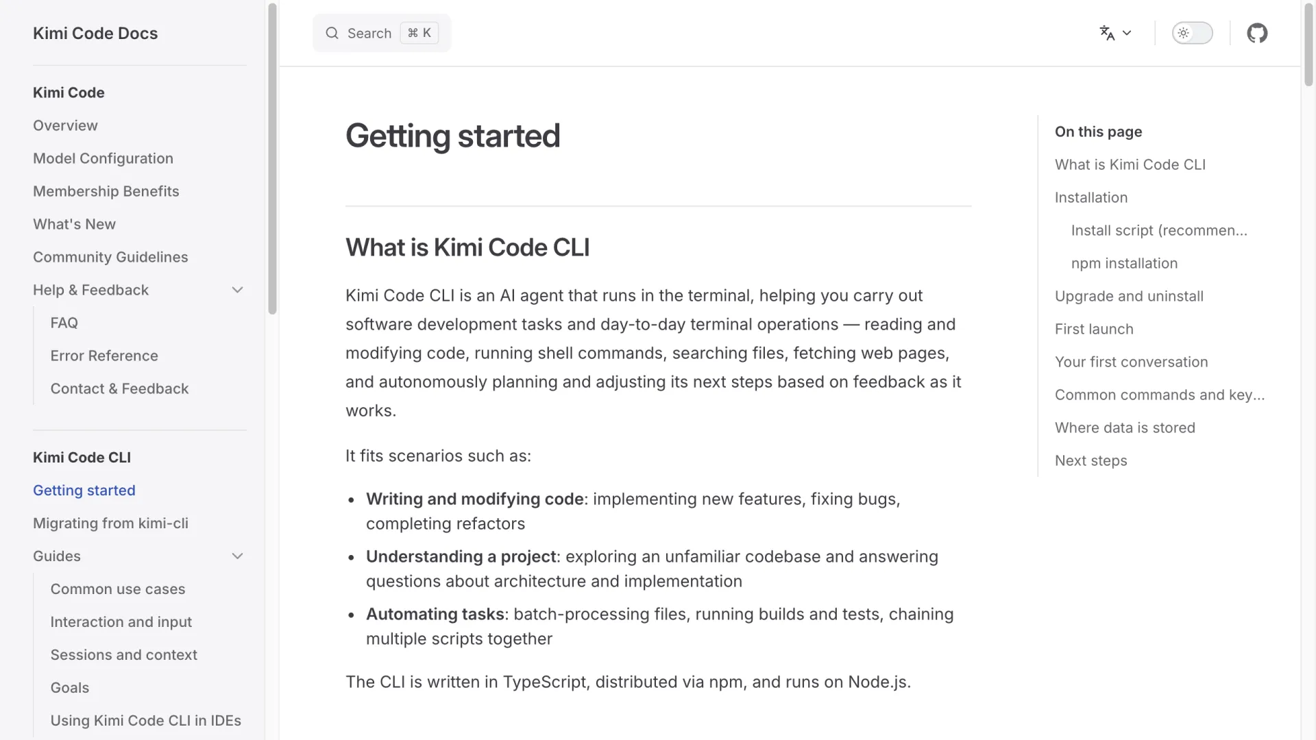 Documentation de démarrage du CLI Kimi Code expliquant le rôle de l’agent de terminal