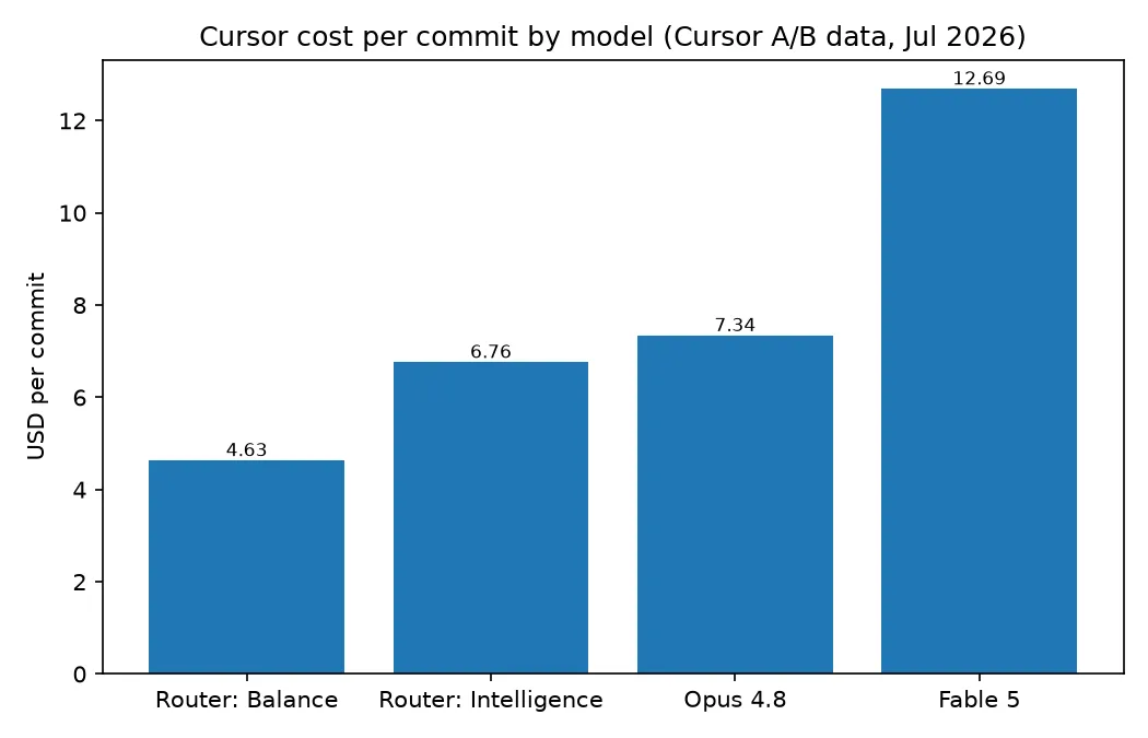 Bar chart comparing cost per commit: Router Balance $4.63, Router Intelligence $6.76, Opus 4.8 $7.34, Fable 5 $12.69