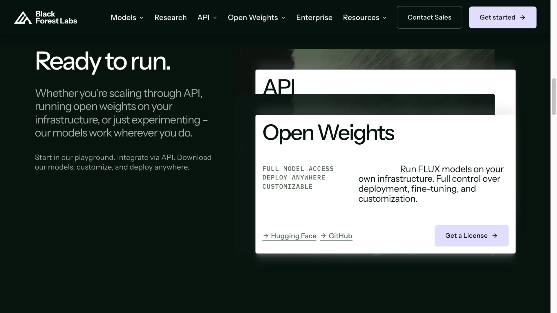 Black Forest Labs page describing API access and downloadable open weights for FLUX models